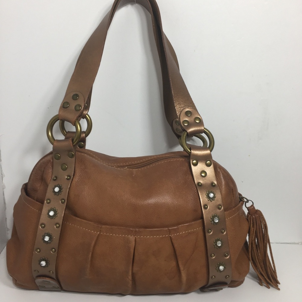 Leather Bag w/Bronze Straps w/ metal/crystals